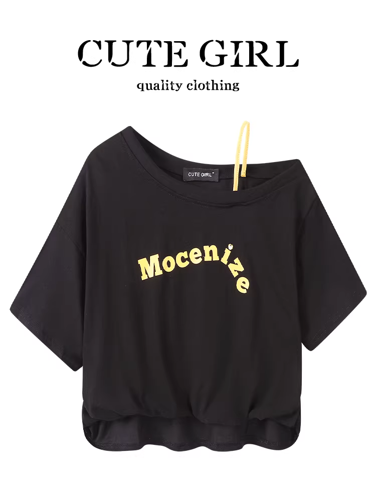 Áo thun ngắn tay in chữ một vai màu tương phản theo phong cách Mỹ dành cho nữ mùa hè áo hai mảnh giả ngắn mùa hè