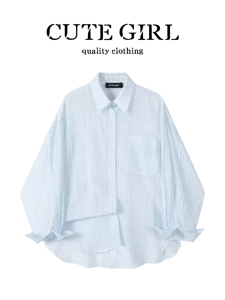 Áo sơ mi chống nắng sọc mỏng đơn giản phong cách Hàn Quốc CuteGirl dành cho nữ mùa hè giản dị đa năng áo sơ mi dáng rộng giảm béo