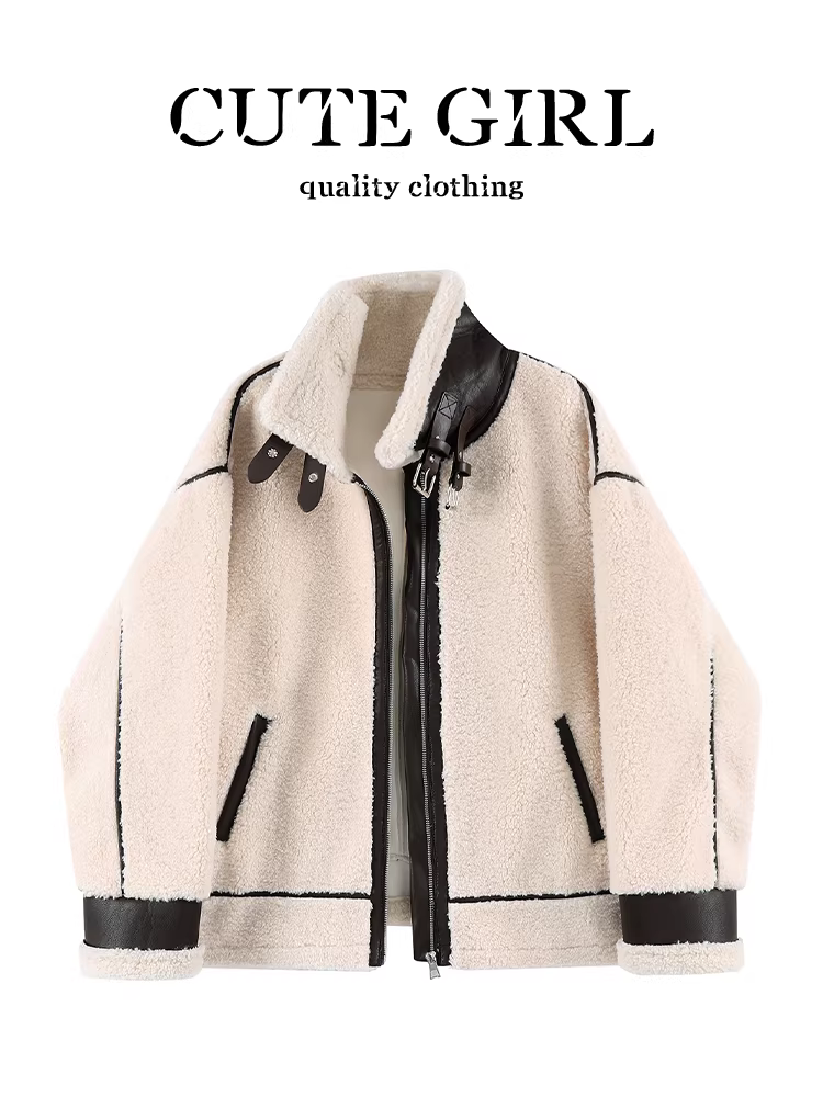 Áo khoác len cừu cổ đứng kiểu cổ điển CuteGirl dành cho nữ trong mùa thu đông, với thiết kế rộng rãi, giản dị và đa năng, tích hợp da và lông thú.