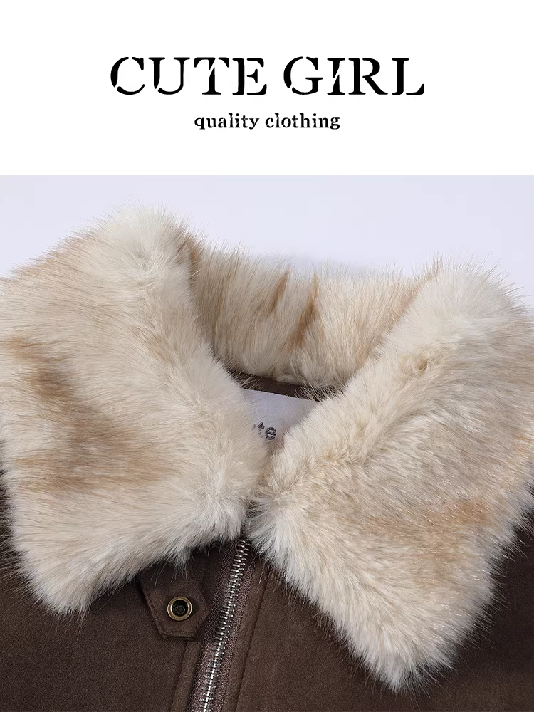 Áo khoác có cổ lông màu cà phê phong cách CuteGirl Barn dành cho nữ, thiết kế thu đông, áo khoác rộng rãi và đa năng.