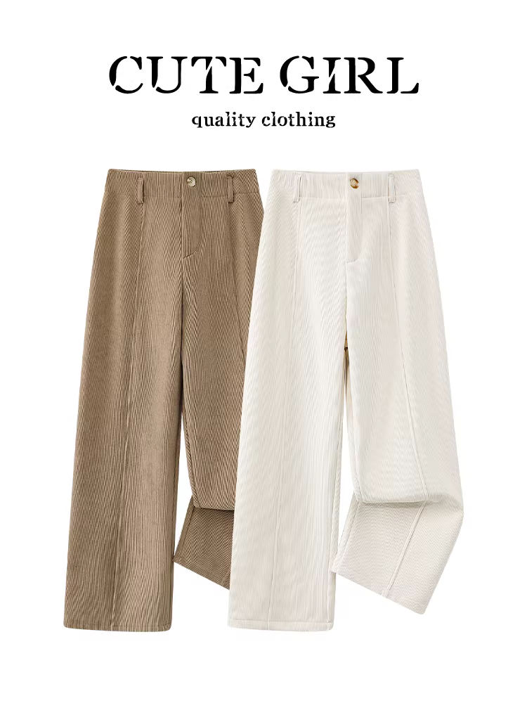Quần vải nhung trắng cao cấp CuteGirl dành cho nữ, mùa thu đông, quần ống đứng dáng ôm eo cao thanh lịch, lót lông cừu