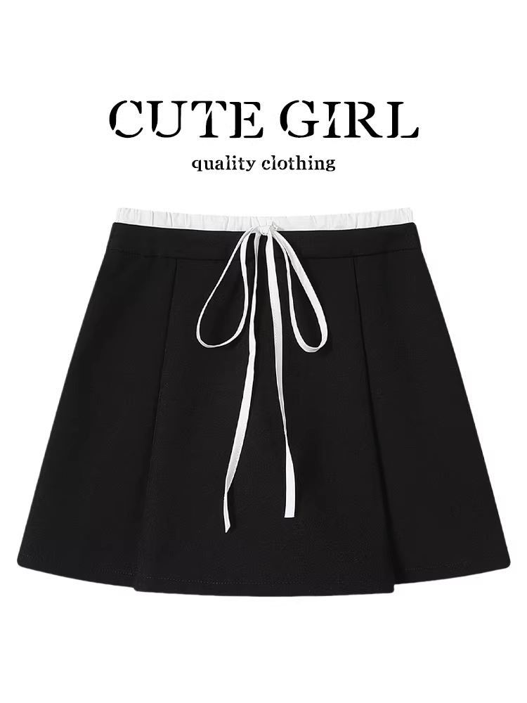 Váy đen lưng cao co giãn phong cách preppy CuteGirl dành cho nữ, váy ngắn xếp ly dáng chữ A giảm béo mùa hè