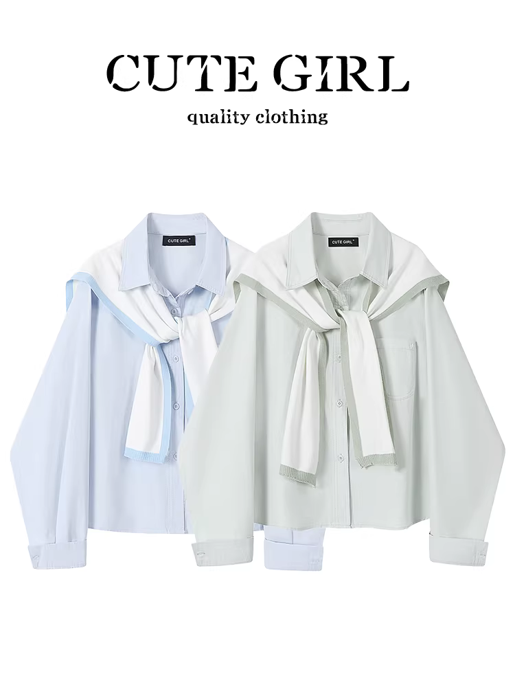 Áo sơ mi dài tay cổ polo màu xanh lấy cảm hứng từ thiết kế CuteGirl dành cho nữ, áo sơ mi dáng rộng đa năng, giảm tuổi tác, mùa thu.