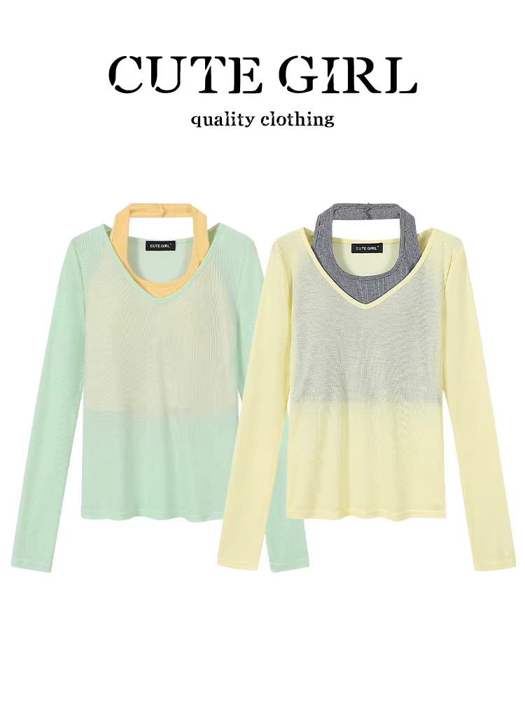 Bộ trang phục Dopamine mùa hè của CuteGirl Bộ áo thun hai mảnh cổ yếm màu xám dài tay chống nắng