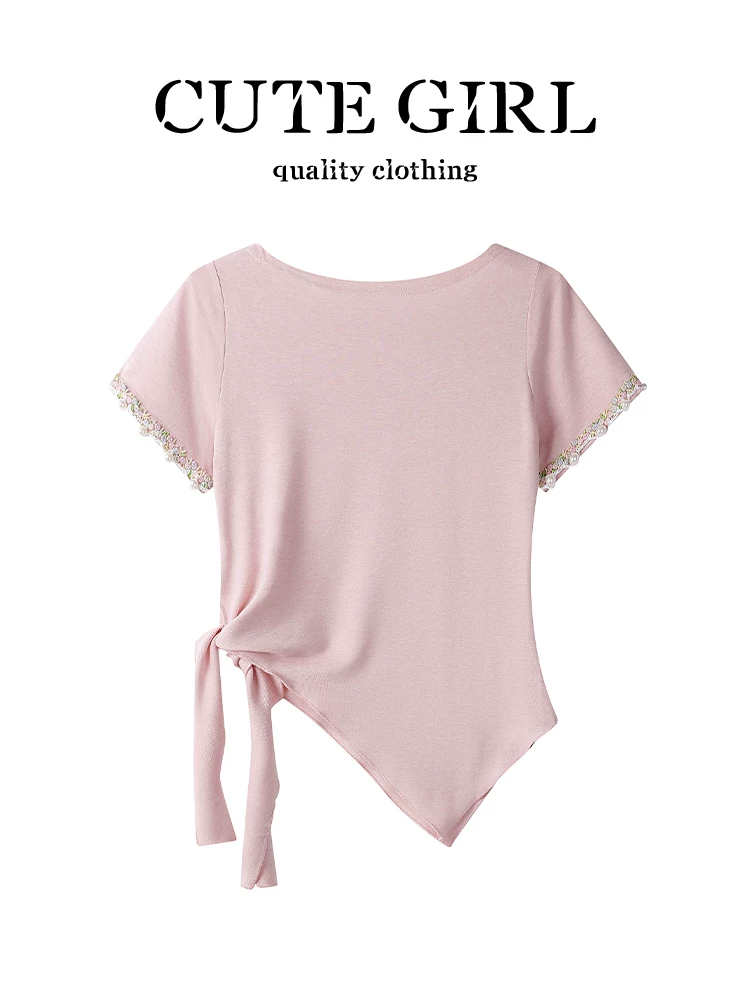 Thiết kế độc đáo của CuteGirl, áo thun ngắn tay thắt nơ bất đối xứng dành cho nữ, áo thêu đính cườm độc đáo và lộng lẫy mùa hè.