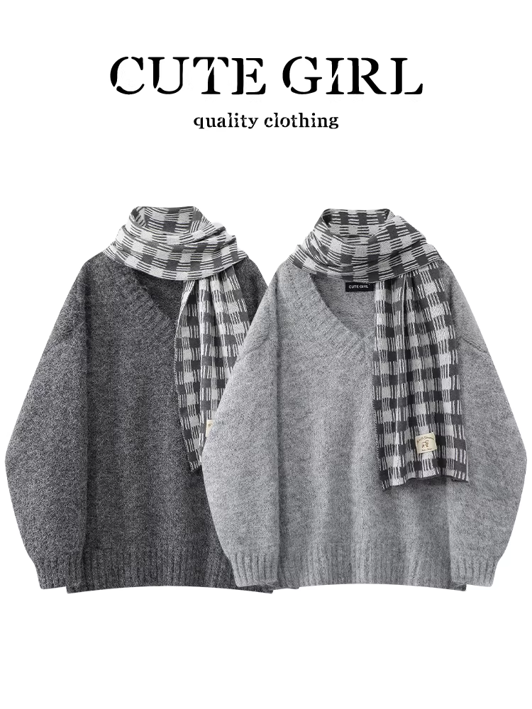Áo len khăn quàng cổ chữ V màu xám phong cách lười biếng của CuteGirl dành cho nữ, mùa thu đông, thanh lịch, rộng rãi, đa năng, giảm tuổi tác