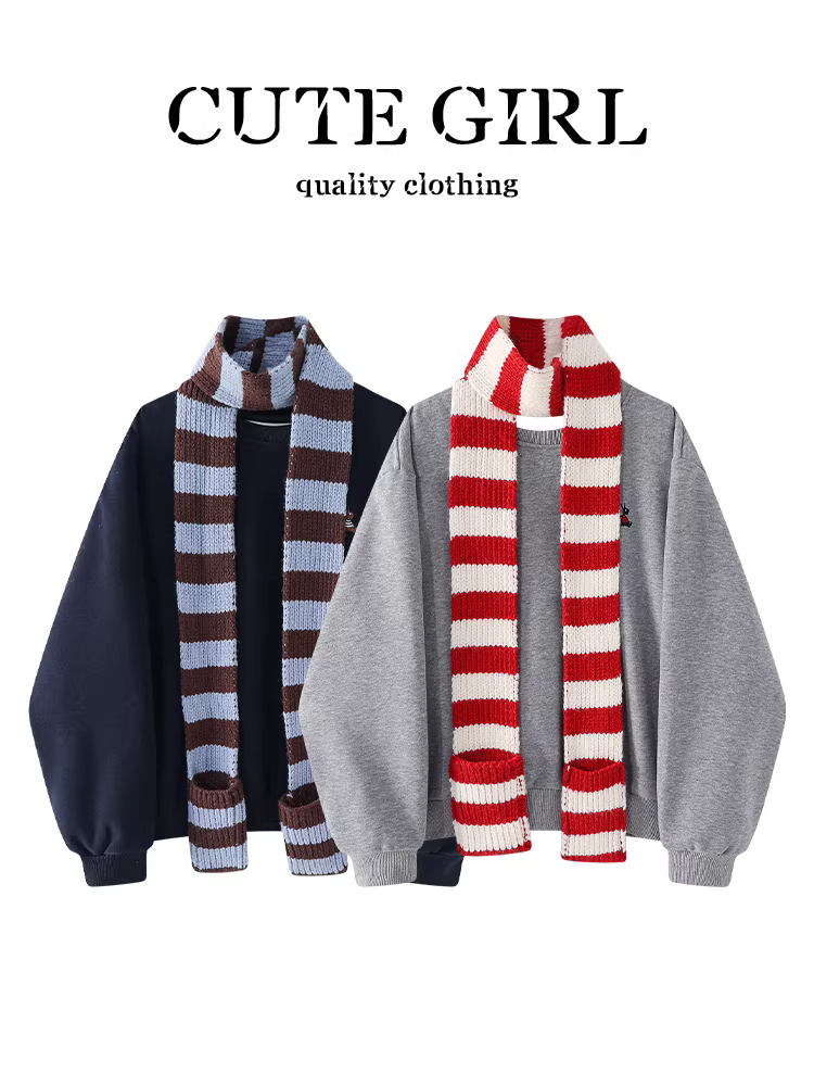 Áo len cổ tròn cổ tròn phong cách retro Hàn Quốc có khăn choàng cổ dành cho nữ, mùa thu đông, áo cao cấp, dáng rộng, giản dị và đa năng