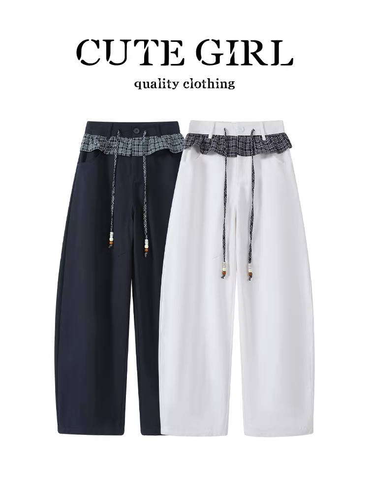 CuteGirl thiết kế quần ren chắp vá kẻ sọc trắng dành cho nữ, quần ống rộng dáng rộng đa năng mùa thu, quần ống rộng dáng rộng