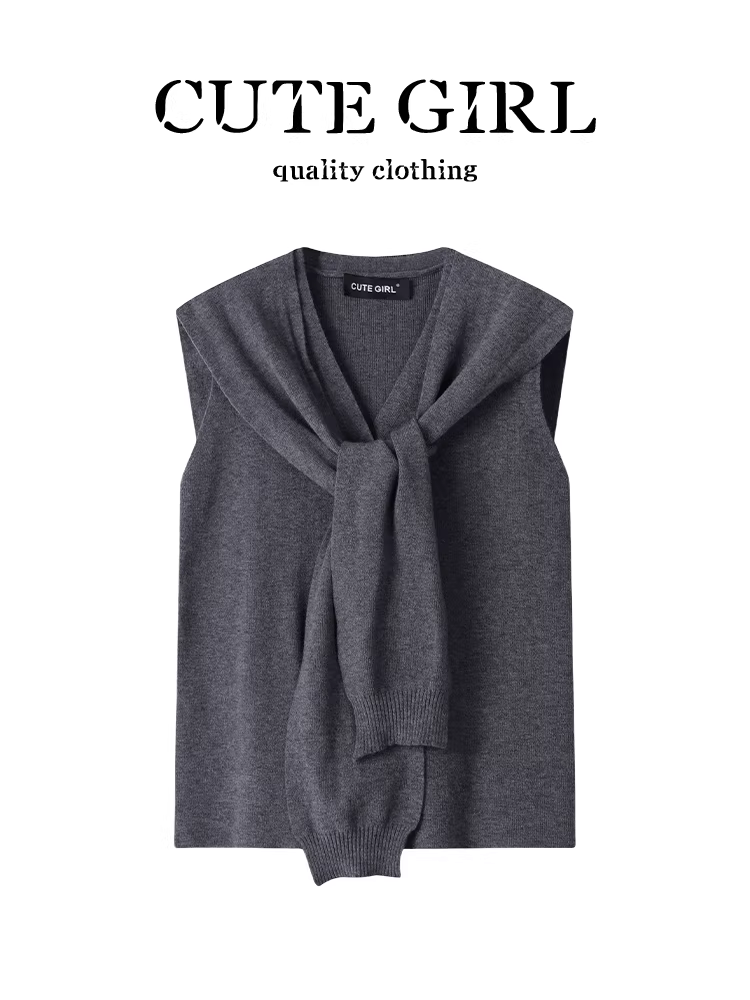 Áo vest dệt kim không tay màu xám sành điệu có khăn choàng dành cho nữ, đầu thu, áo thanh lịch và tôn dáng