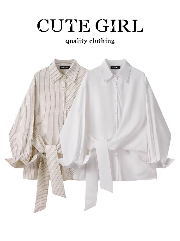 Áo sơ mi buộc dây cổ polo màu trắng phong cách Pháp của CuteGirl dành cho nữ, mang phong cách cao cấp mùa thu, ôm eo, thon gọn, áo đa năng.