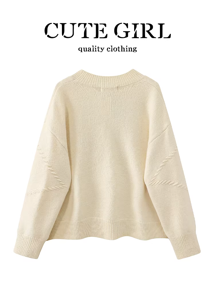 Áo len cổ tròn hoa ba chiều phong cách Pháp của CuteGirl dành cho nữ, thiết kế thu đông, giản dị và đa năng, áo dáng ôm