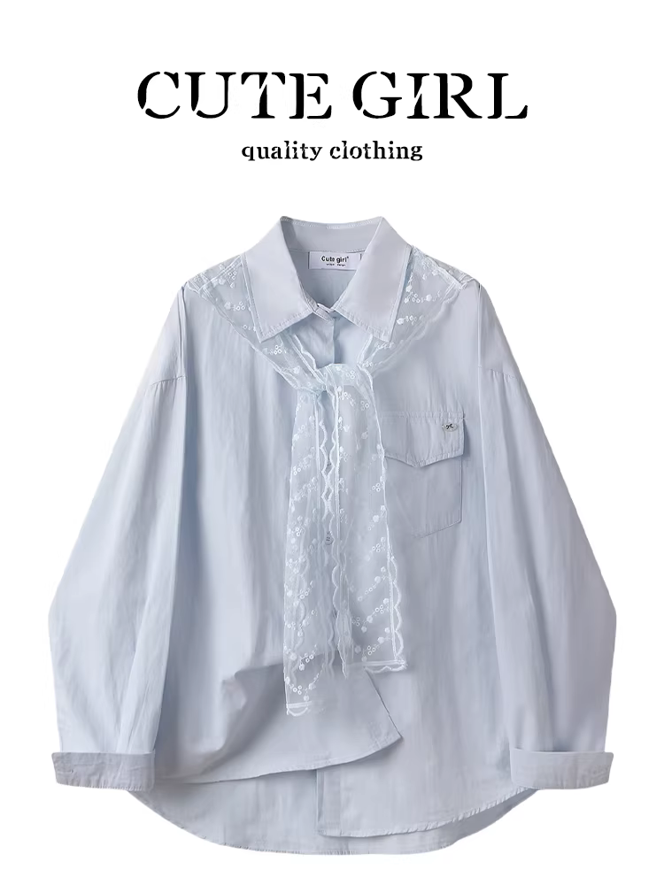 Áo sơ mi dài tay khăn choàng ren màu xanh phong cách Hàn Quốc dễ thương dành cho nữ, áo sơ mi dáng rộng và đa năng giảm tuổi mùa thu cao cấp