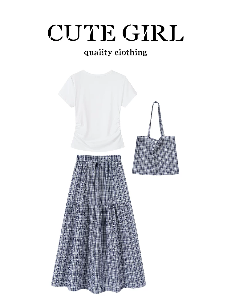 Bộ đồ nhỏ xinh mùa hè dành cho nữ, áo thun ngắn tay màu trắng kiểu preppy, váy kẻ sọc, bộ ba món