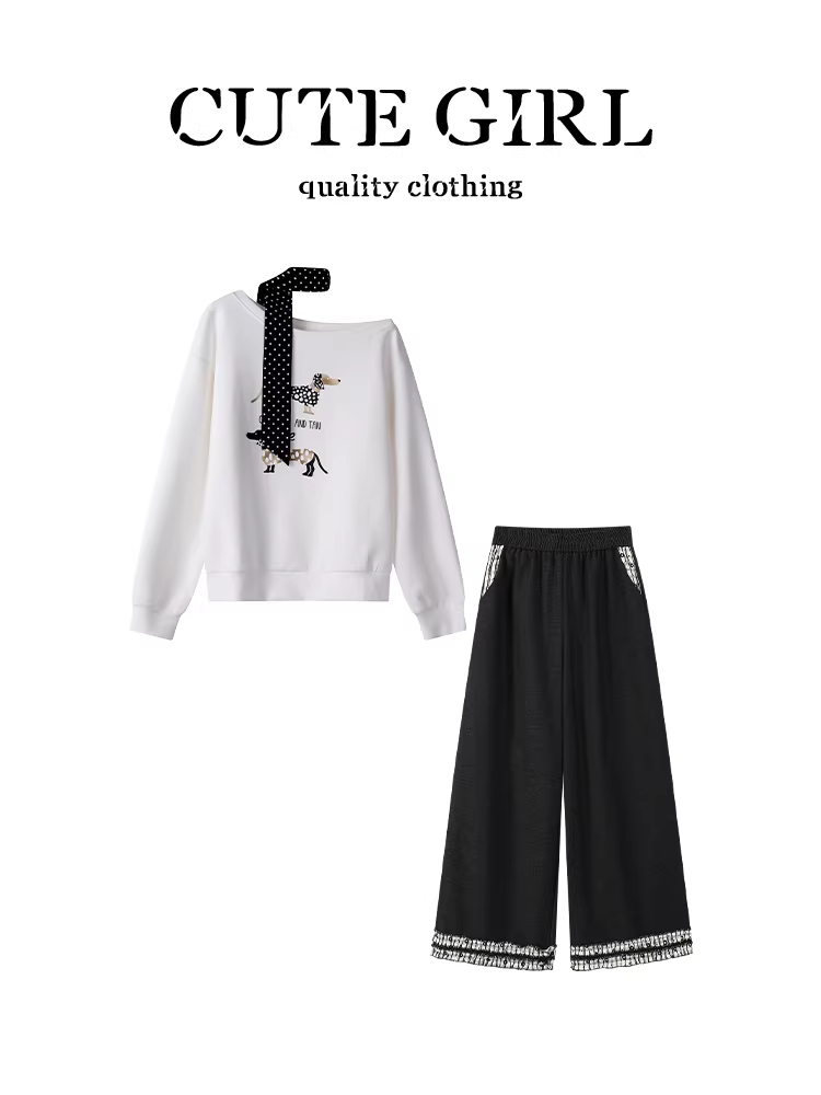 Bộ trang phục giảm tuổi tác CuteGirl dành cho nữ mùa thu: áo len trắng in họa tiết lệch vai và quần jean ống rộng hai mảnh