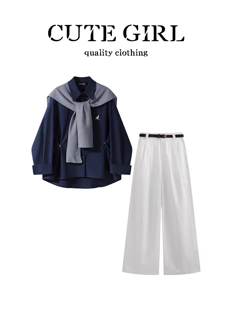 Bộ trang phục mùa thu của CuteGirl: áo sơ mi màu xanh hải quân với khăn choàng và quần ống rộng, bộ hai mảnh