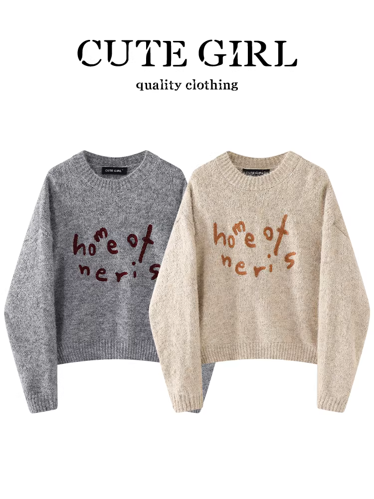 Áo len cổ tròn thiết kế jacquard của CuteGirl dành cho nữ, phong cách lười biếng mùa thu đông, áo len dệt kim mềm mại rộng rãi và đa năng