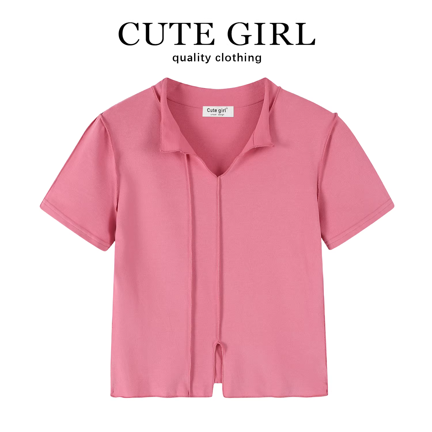 Áo thun ngắn tay màu hồng dành cho nữ, thiết kế theo phong cách CuteGirl, mùa hè 2025, kiểu dáng ngọt ngào và cá tính, cổ chữ V, có đường xẻ.