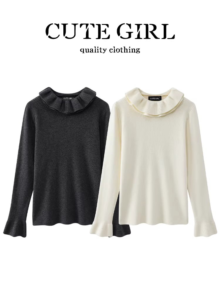 Áo len ren cổ cao nửa cổ màu mơ kiểu Pháp của CuteGirl dành cho nữ, lớp áo lót mềm mại và độc đáo dành cho mùa thu đông.
