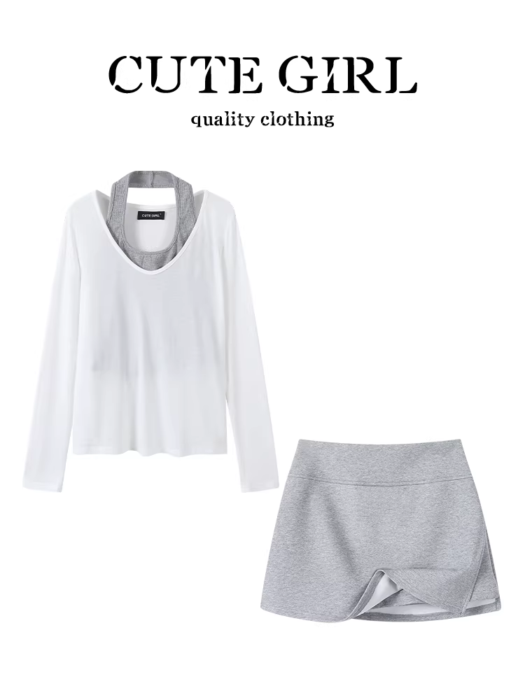 CuteGirl phong cách Hàn Quốc thể thao áo sơ mi cổ chữ V màu trắng Áo thun nữ mùa hè cổ yếm có dây đeo váy xẻ tà bộ ba món