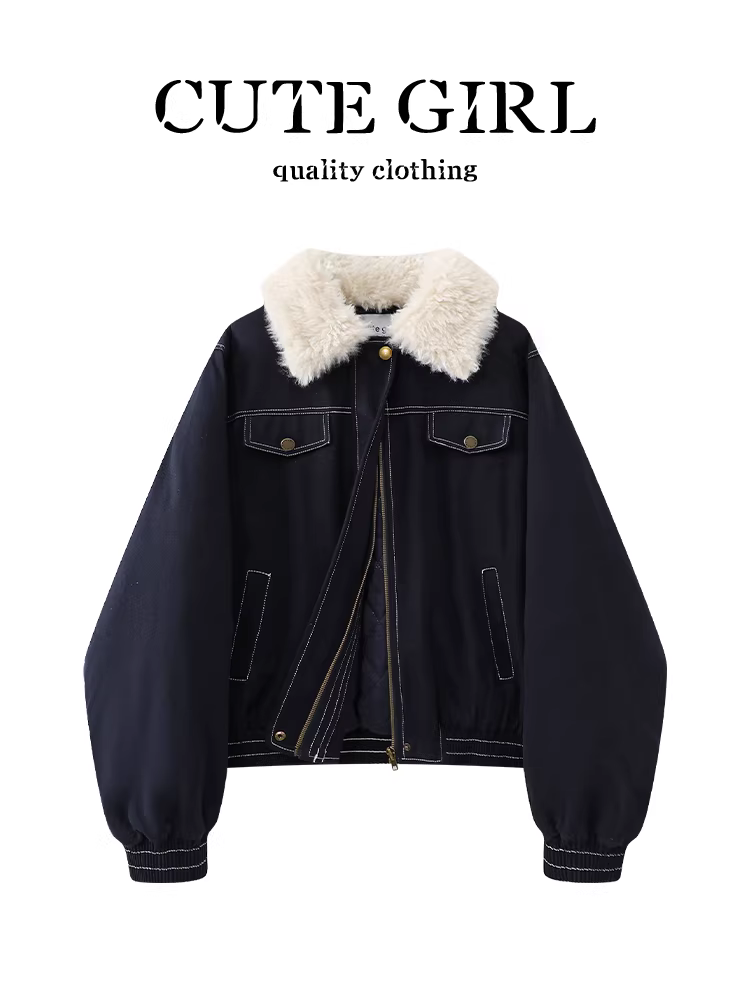 Áo khoác denim cổ lông cổ điển Hàn Quốc CuteGirl dành cho nữ, mùa thu đông, sành điệu, dáng rộng, giản dị, đa năng, áo khoác lót lông cừu