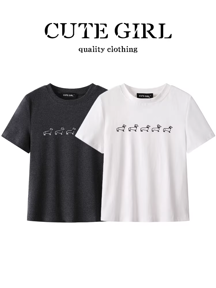 Áo thun ngắn tay phong cách Hàn Quốc đơn giản và đa năng có thêu hình chú chó con dành cho nữ, phong cách lười biếng mùa hè, vai thường, áo cổ tròn