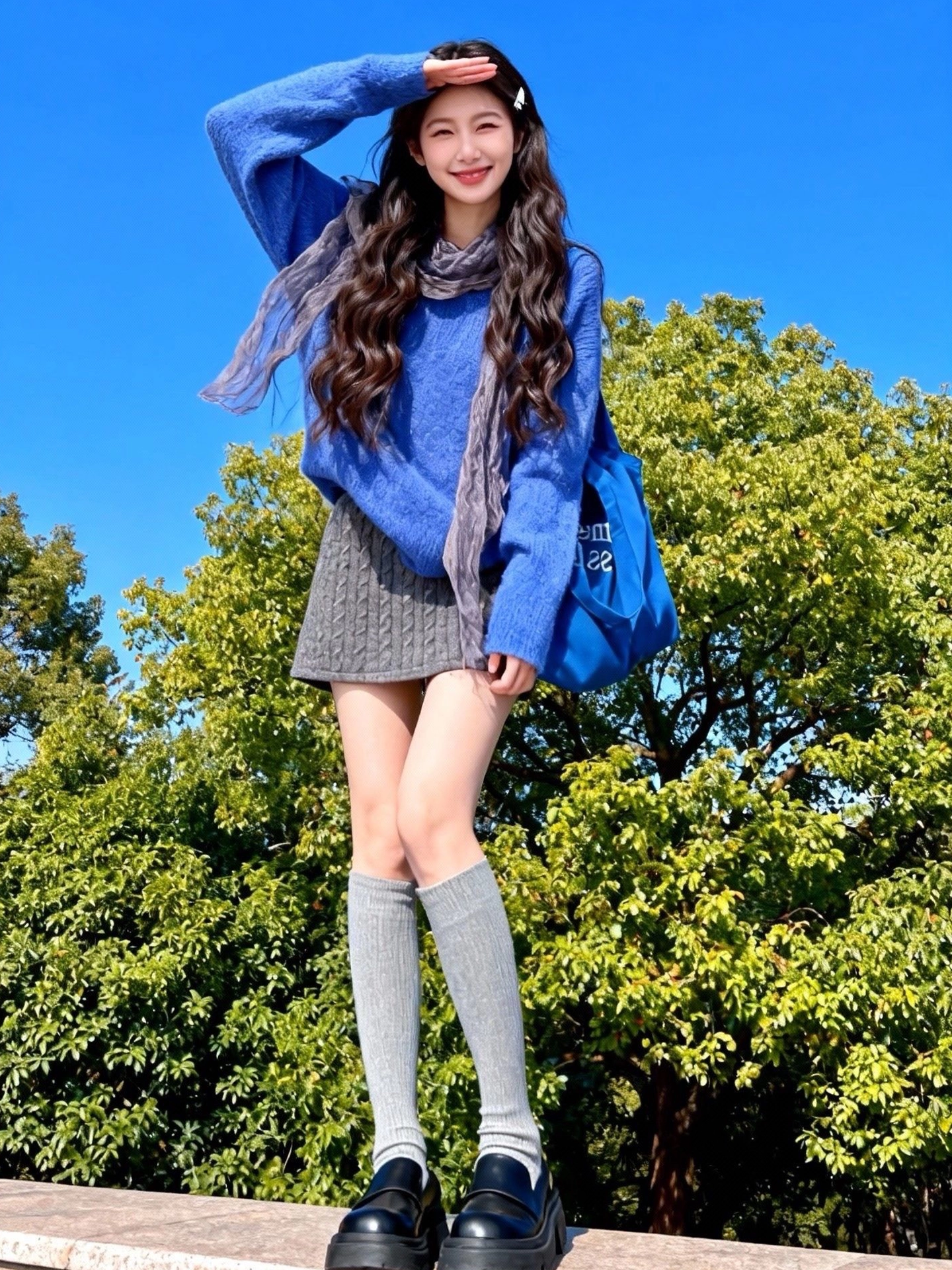 Áo len cổ tròn màu xanh phong cách Hàn Quốc của CuteGirl dành cho nữ, mùa thu đông, phong cách lười biếng, dáng rộng, giản dị, đa năng, áo len dệt kim mềm mại
