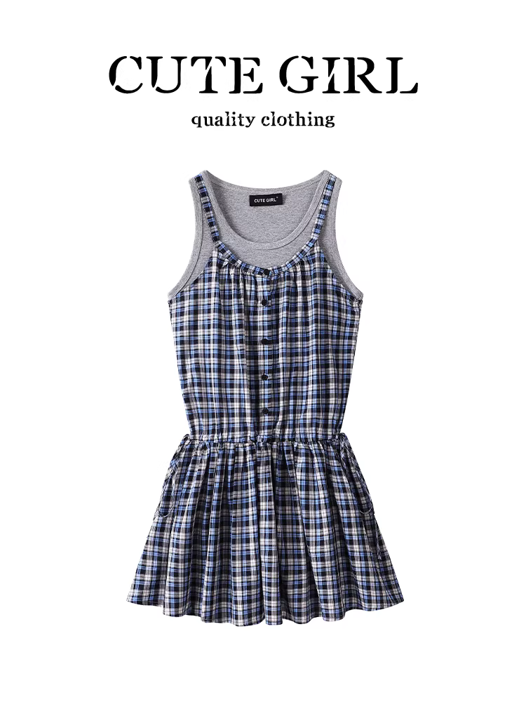 CuteGirl Hàn Quốc retro kẻ sọc dây rút váy hai dây nữ mùa hè xếp lớp áo vest hai dây bộ hai món