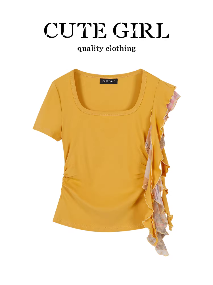 CuteGirl phong cách Hàn Quốc hot girl cổ vuông kẻ sọc ruy băng áo thun ngắn tay thiết kế mùa hè dành cho nữ áo xếp ly eo