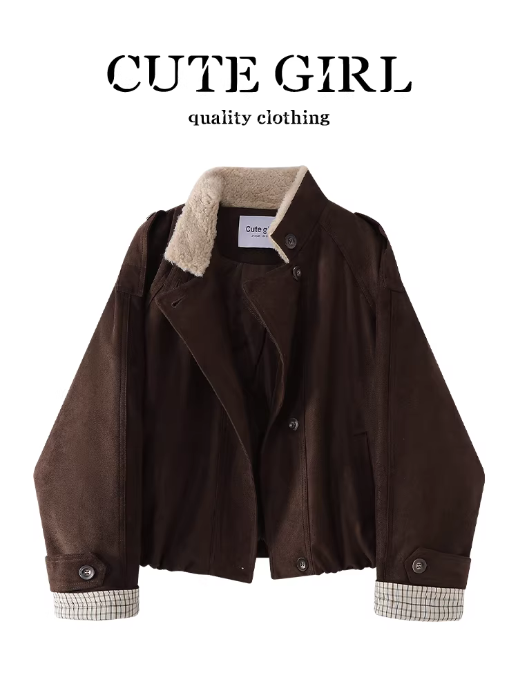 Áo khoác da lộn màu nâu phong cách CuteGirl Melard dành cho nữ, áo khoác dáng rộng, phong cách giản dị, đa năng, sang trọng cho mùa thu đông.