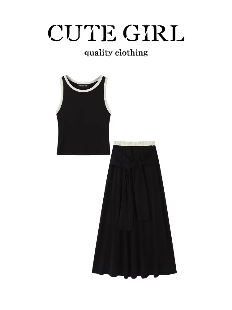 Bộ hai mảnh phong cách Hàn Quốc dễ thương: áo vest không tay phối màu và chân váy chữ A cạp cao buộc dây dành cho nữ mùa hè