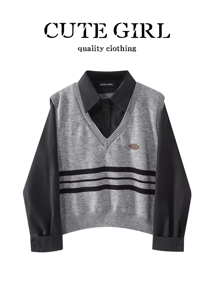 Bộ trang phục trẻ trung của CuteGirl là một bộ hoàn chỉnh gồm áo sơ mi cổ polo màu đen mùa thu dành cho nữ và áo len dệt kim màu xám gồm hai món.