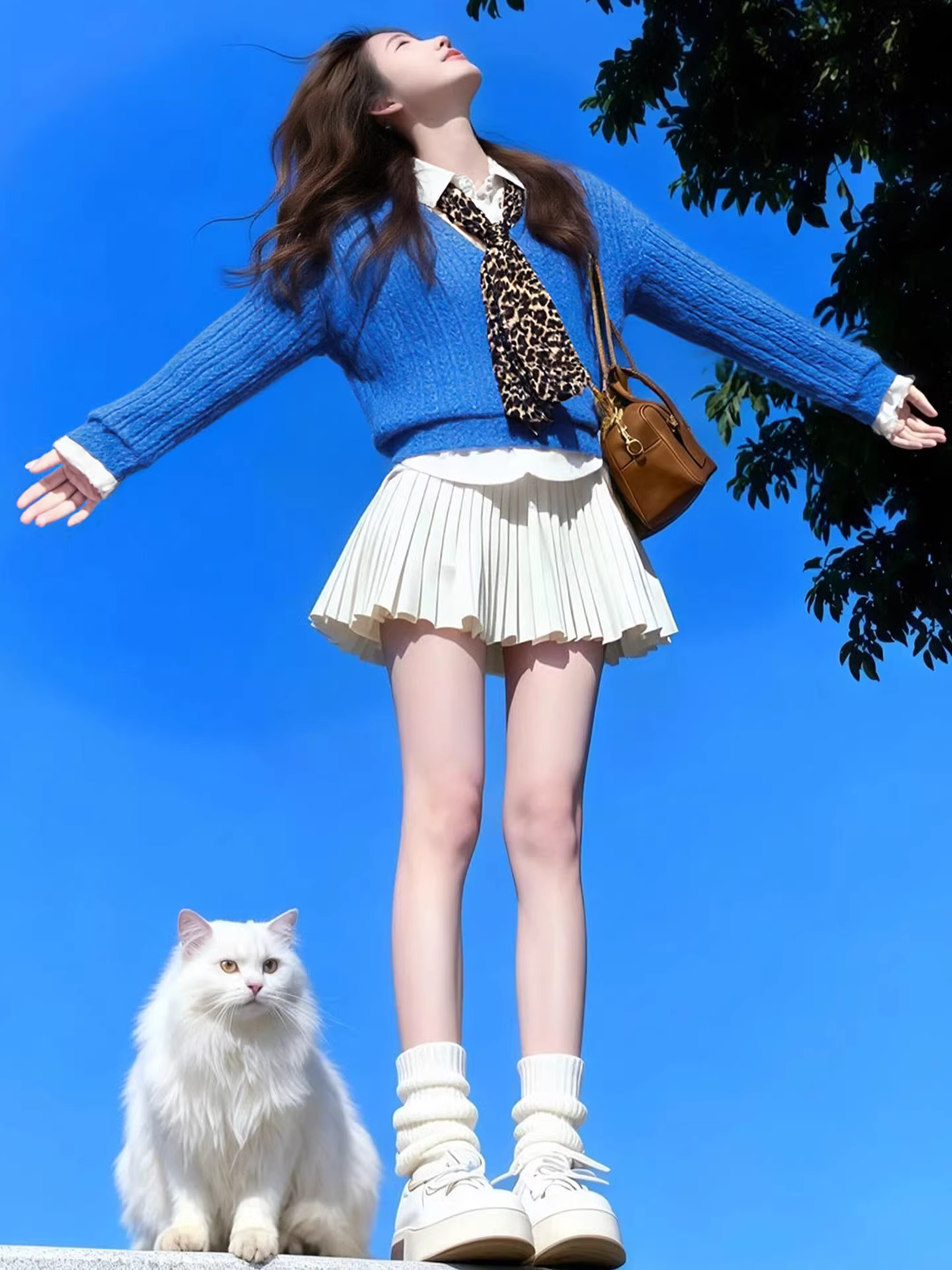 Áo len cổ polo giả hai mảnh màu xanh lam phong cách Hàn Quốc dễ thương dành cho nữ, áo dáng rộng mùa đông, đa năng, tôn dáng