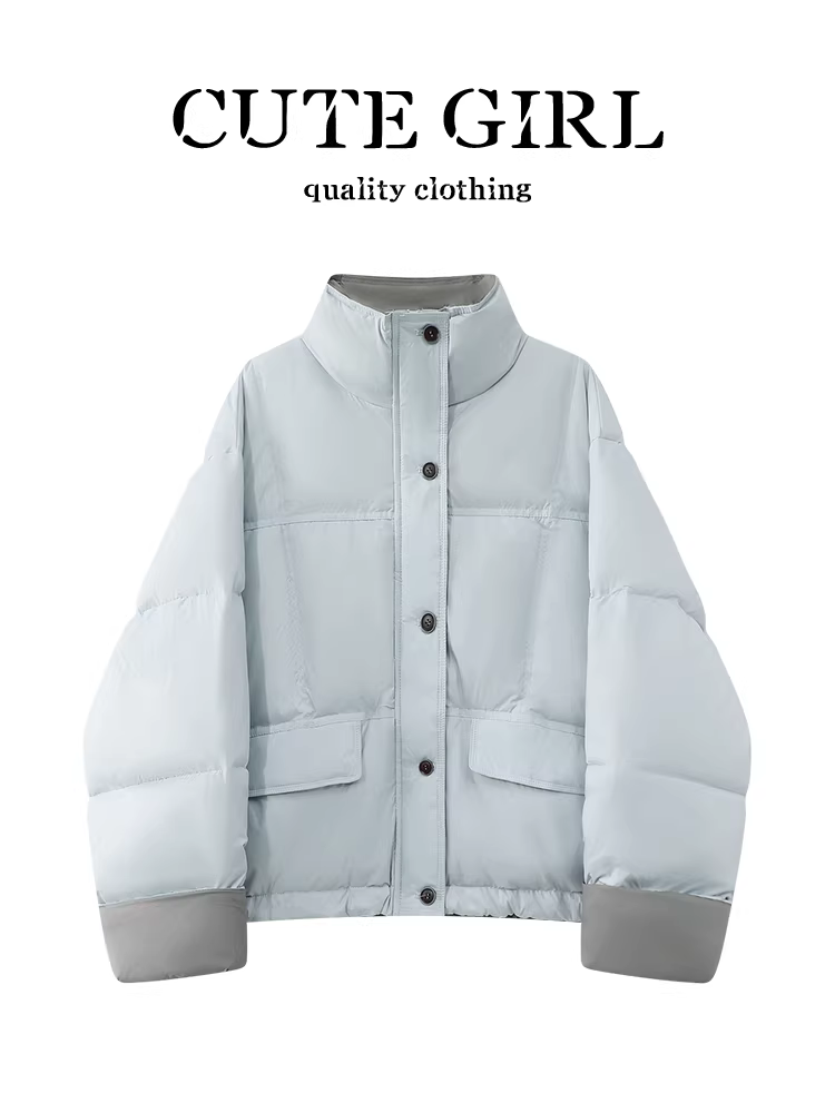 Áo khoác ngắn cổ đứng phối màu phong cách Hàn Quốc CuteGirl dành cho nữ, thiết kế thu đông, áo khoác cotton dáng rộng, đa năng, phong cách giản dị