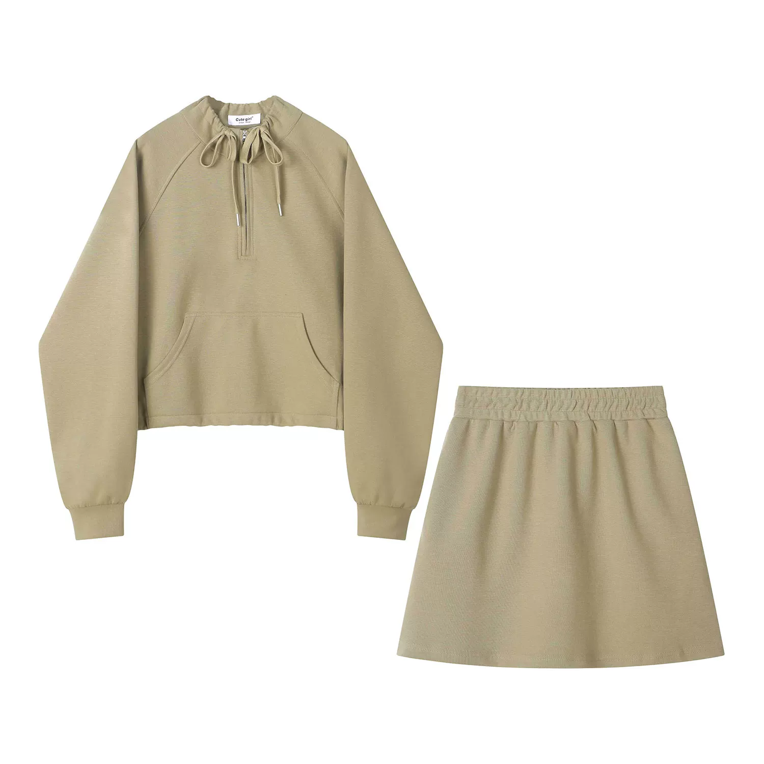 Bộ áo thun có dây rút phong cách thể thao màu xám CuteGirl dành cho nữ, phong cách mùa thu mới, bộ váy hai mảnh hoàn chỉnh