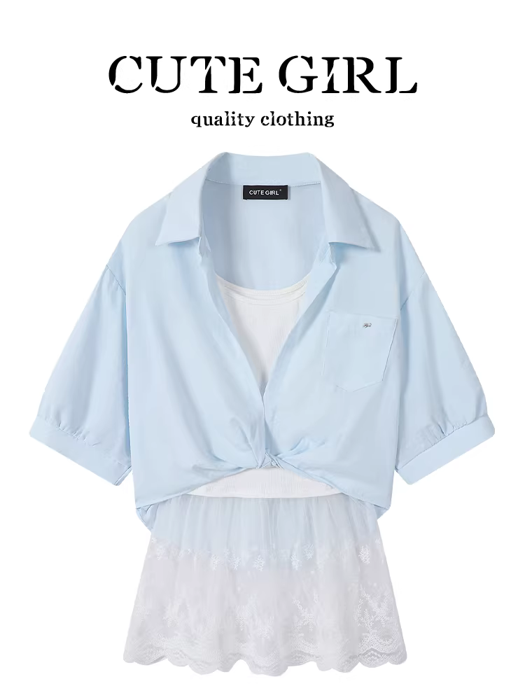 CuteGirl phong cách Hàn Quốc sang trọng ngắn tay xoắn ngắn tay áo sơ mi ngắn tay màu xanh dành cho nữ mùa hè phối ren phối dây đeo bộ đồ hai mảnh