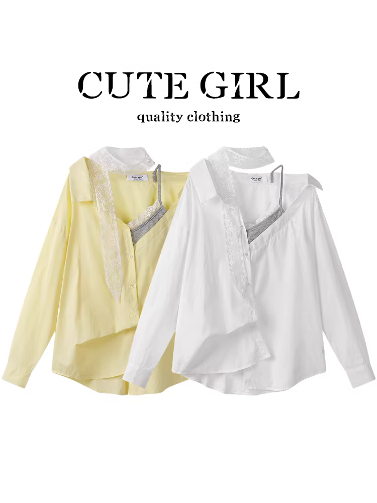 CuteGirl thiết kế cao cấp ren chắp vá áo yếm giả hai mảnh áo sơ mi nữ mùa xuân áo sơ mi phong cách thuần khiết khao khát
