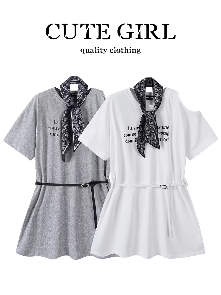 Áo thun ngắn tay trễ vai in họa tiết phong cách Hàn Quốc dễ thương dành cho nữ trong mùa hè, dáng rộng và đa năng với áo khăn lụa