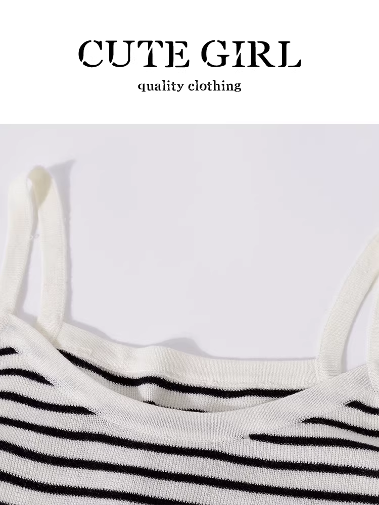 Bộ áo len dệt kim và áo yếm hai mảnh kiểu Pháp sọc màu phong cách Pháp dành cho nữ, đầu thu, áo đa năng và sang trọng