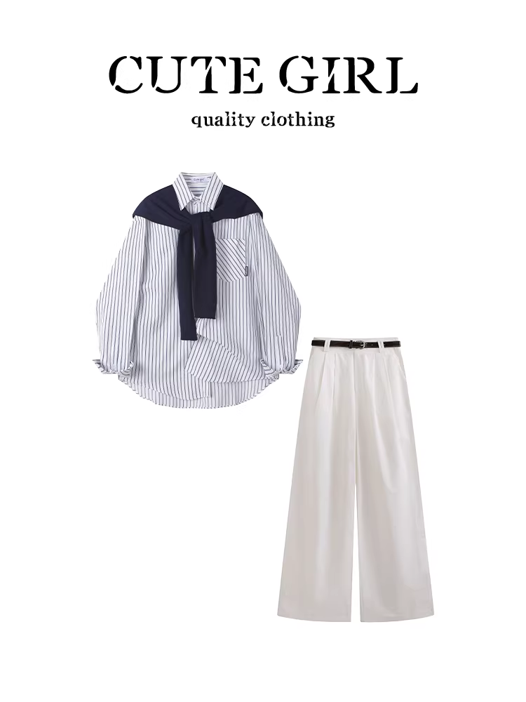 Bộ trang phục thu sớm độc đáo và siêu thời trang dành cho nữ: áo sơ mi phối khăn sọc và quần ống rộng màu trắng, bộ hai mảnh