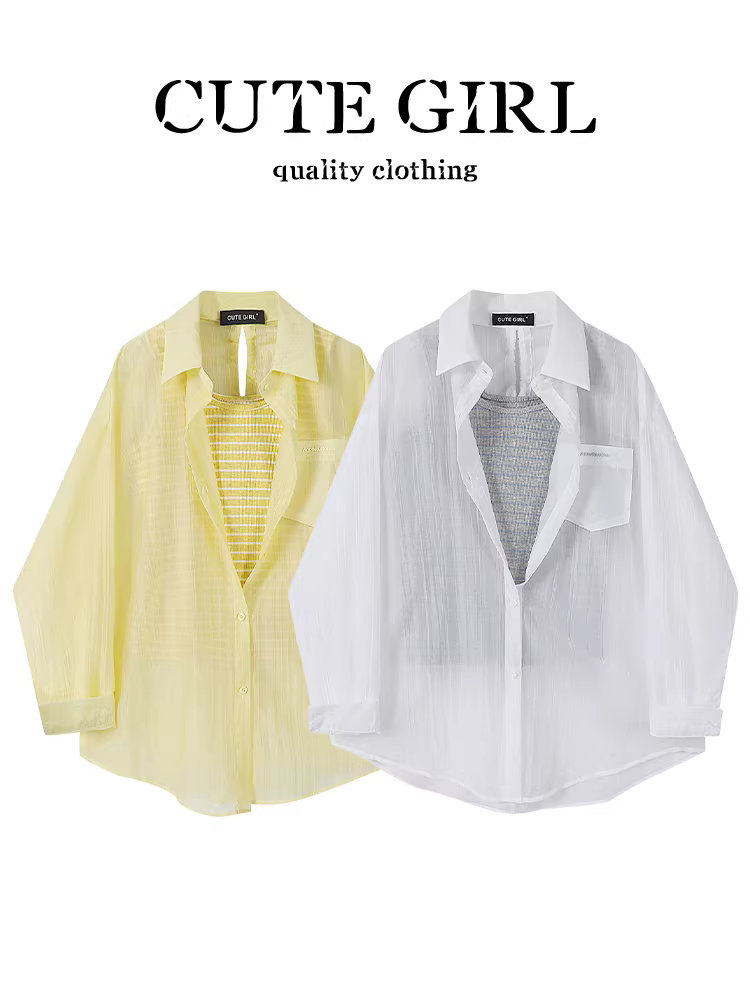 Bộ trang phục mùa hè thoải mái của CuteGirl dành cho nữ, áo chống nắng màu trắng với áo ba lỗ sọc hai mảnh