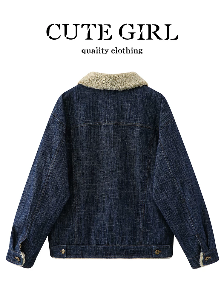 Áo khoác denim lót nhung cổ điển Hàn Quốc của CuteGirl dành cho nữ, thiết kế thu đông, áo khoác dáng rộng, giản dị, đa năng và ấm áp