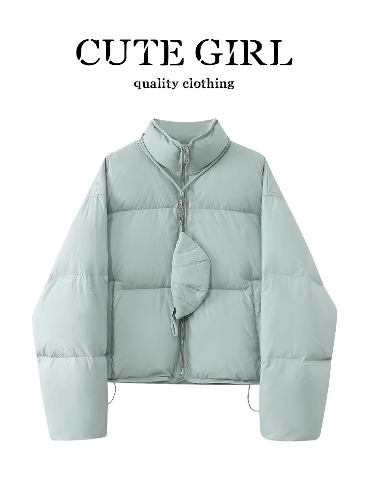 Áo khoác lông vịt trắng cổ đứng kiểu Hàn Quốc dễ thương và trẻ trung dành cho nữ trong mùa đông, kết hợp với áo khoác kiểu bánh sừng bò.