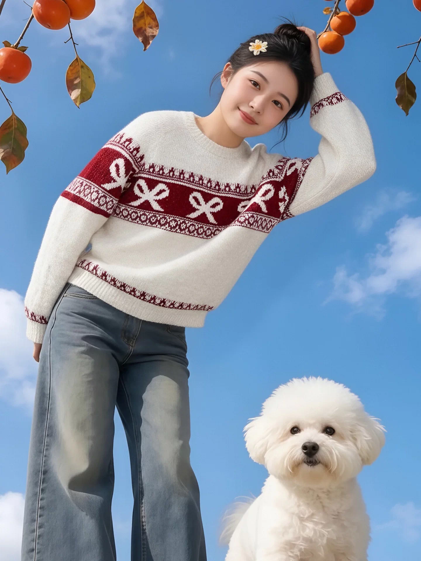 Áo len jacquard màu đỏ Fair Isle phong cách Hàn Quốc dành cho nữ, mùa đông, thanh lịch, dáng rộng, giản dị, đa năng, mềm mại và ấm cúng