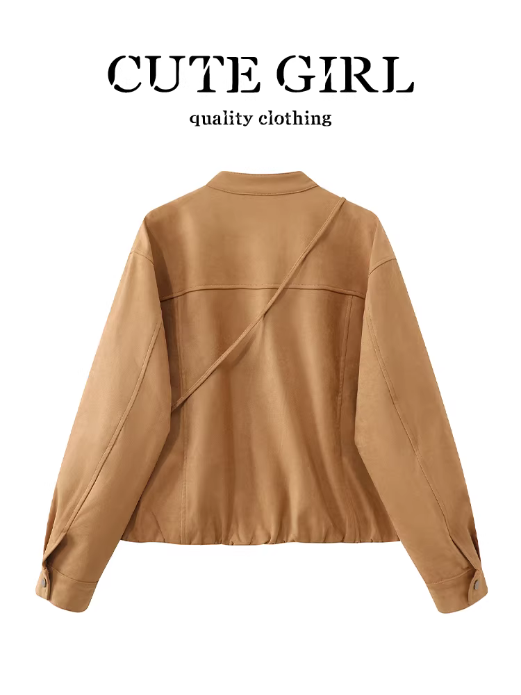 Áo khoác da lộn kaki phong cách Hàn Quốc có túi dành cho nữ, khí chất mùa thu, áo khoác dáng rộng đa năng