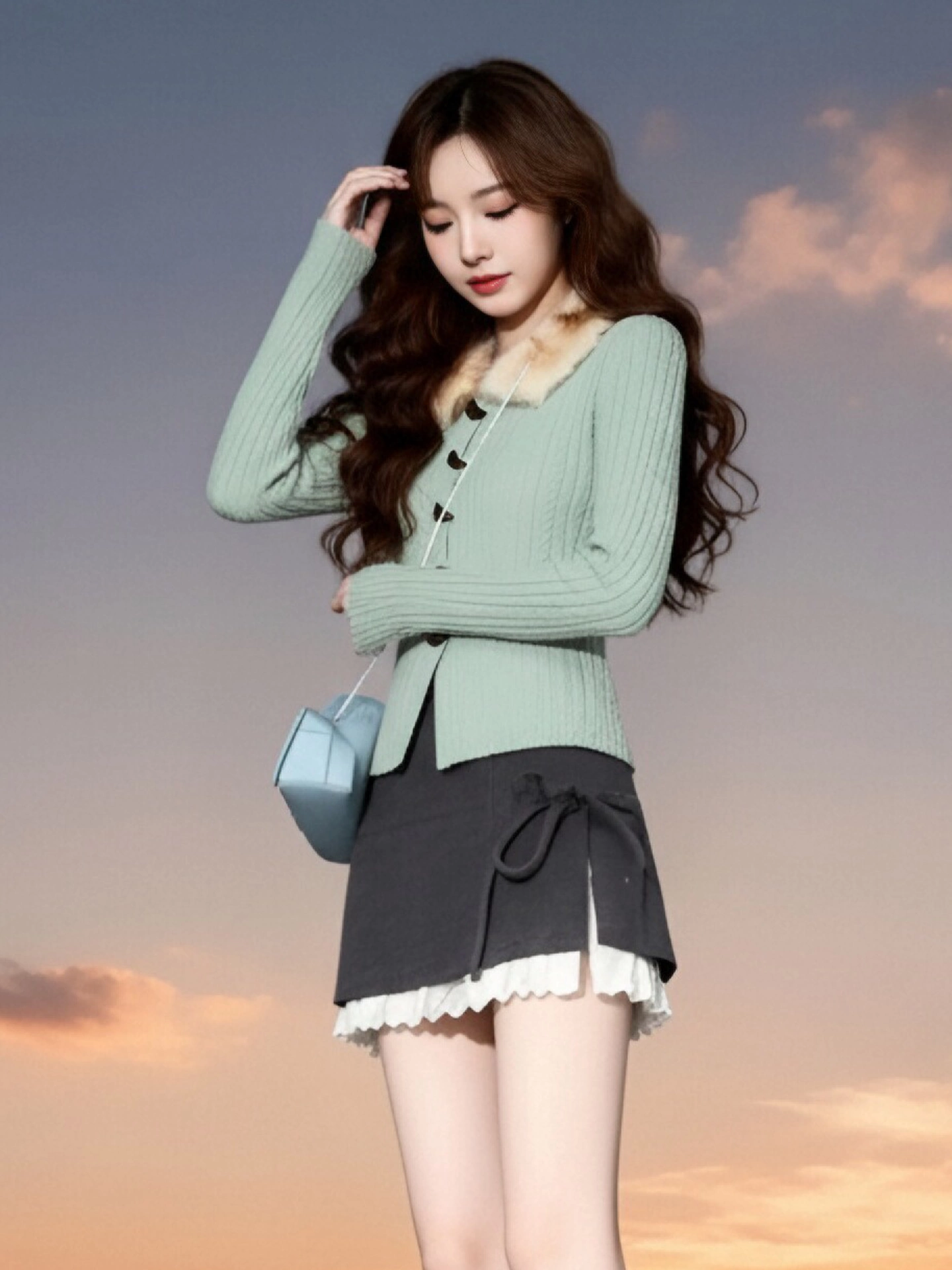 Áo len cardigan có cổ lông chắp vá màu xanh lá cây phong cách Hàn Quốc dành cho nữ, áo len dệt kim đa năng vừa vặn vào đầu mùa xuân