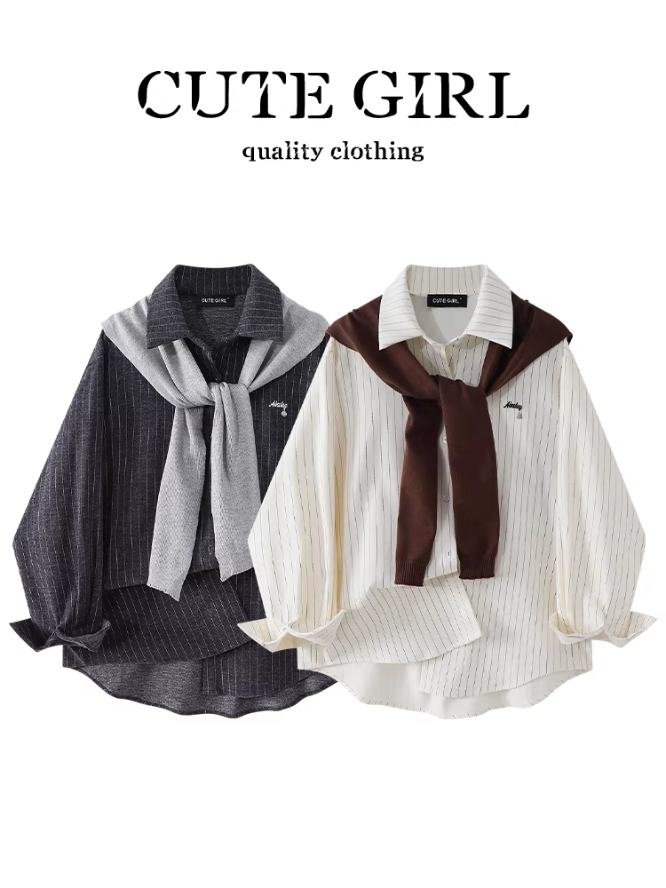 Áo sơ mi sọc mơ lấy cảm hứng từ thiết kế CuteGirl có khăn choàng cho nữ, áo sơ mi dáng rộng đa năng cao cấp mùa thu