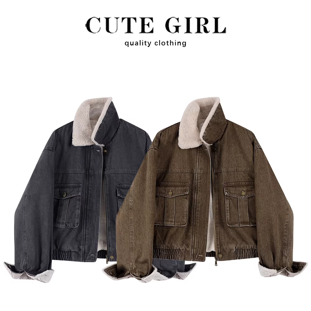 Áo khoác len cừu cổ điển phong cách Hồng Kông lấy cảm hứng từ thiết kế CuteGirl dành cho nữ, phong cách mùa đông mới, áo khoác biker nhỏ nhắn, dày dặn.