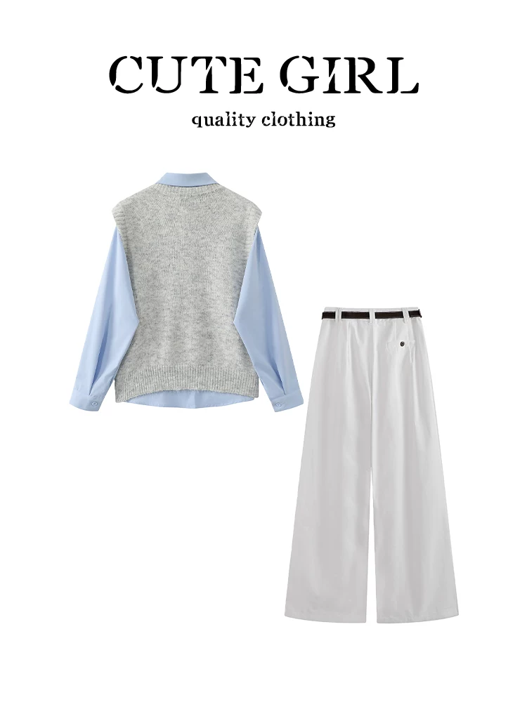 Bộ trang phục giảm tuổi tác CuteGirl dành cho nữ mùa thu đông: áo sơ mi xanh, áo vest dệt kim jacquard, bộ quần ống rộng