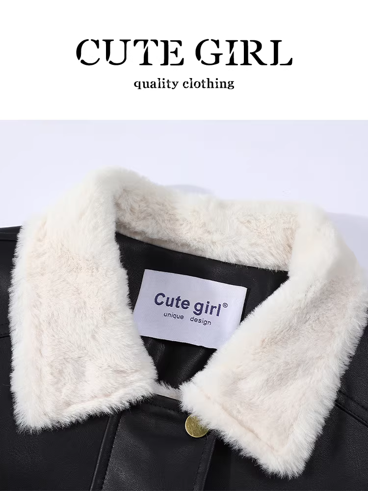 Áo khoác da lót lông cừu màu đen phong cách CuteGirl dành cho nữ, áo khoác dày dặn đa năng, dáng rộng, cao cấp mùa thu