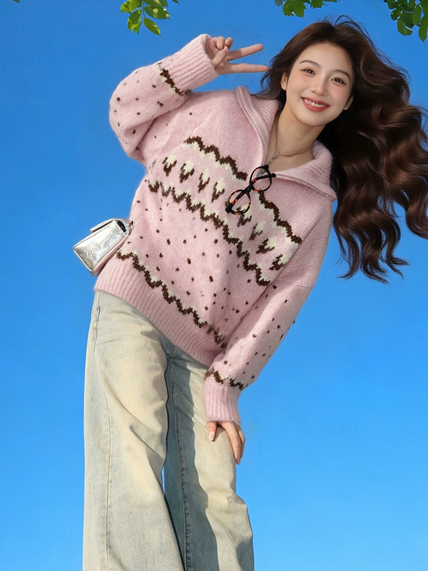 Áo len cổ lọ nửa khóa kéo màu hồng phong cách Hàn Quốc của CuteGirl dành cho nữ, áo len dáng rộng cổ điển mùa đông